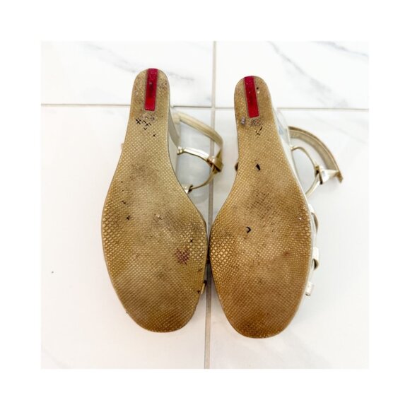 PRADA Gold Leather T Strap Wedge Sandals Size 38.5 (8.5) Y2K - Picture 5 of 11